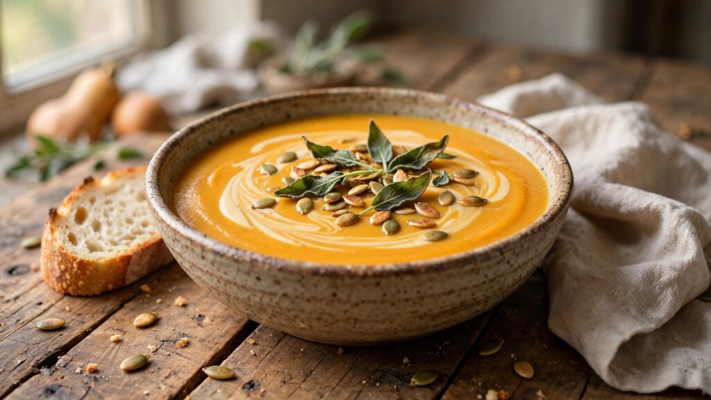 Creamy Roasted Butternut Squash Soup with Crispy Sage